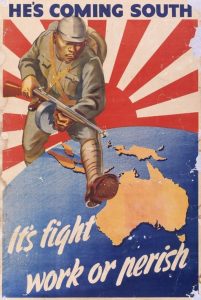 Australian WWII propaganda poster "He's Coming South".