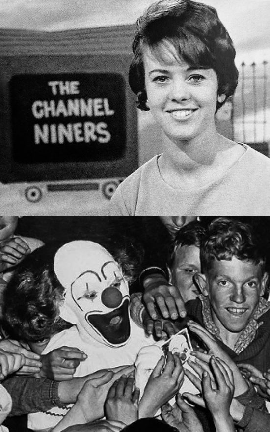 Top: Denny Snowden hosting the hugely popular NWS9 children's program The Channel Niners. Bottom: Bobo the Clown (Hal Turner) mobbed by children.