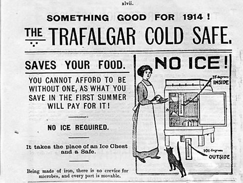 1913 Trafalgar Cold Safe Advertisement from an Adelaide Railways Timetable.