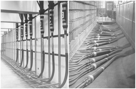 Telephone exchange cable tunnel and Main Distribution Frame.