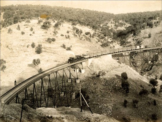 Double viaduct with train (Both K Class Locomotives). Adelaide to Melbourne Railway. (c. 1887)